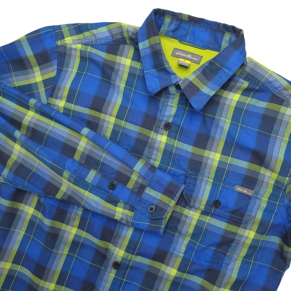 Eddie Bauer Travex Flannel Shirt Mens MT Blue Plaid Long Sleeve Hiking Outdoor